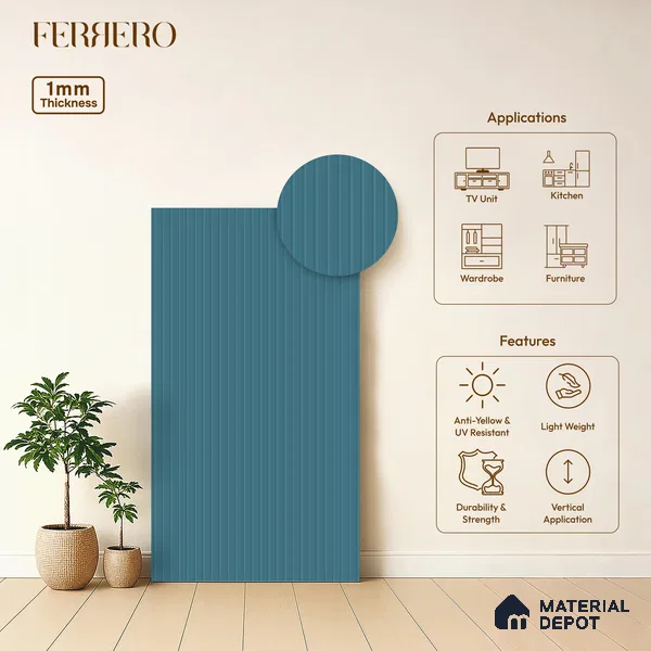Soft Blue Fluted Solid Color 2B8118 A 191 Soft 8 ft x 4 ft Matte Finish Decorative Laminate - 1 mm | Suitable for TV Unit,Wardrobe, Kitchen Cabinets