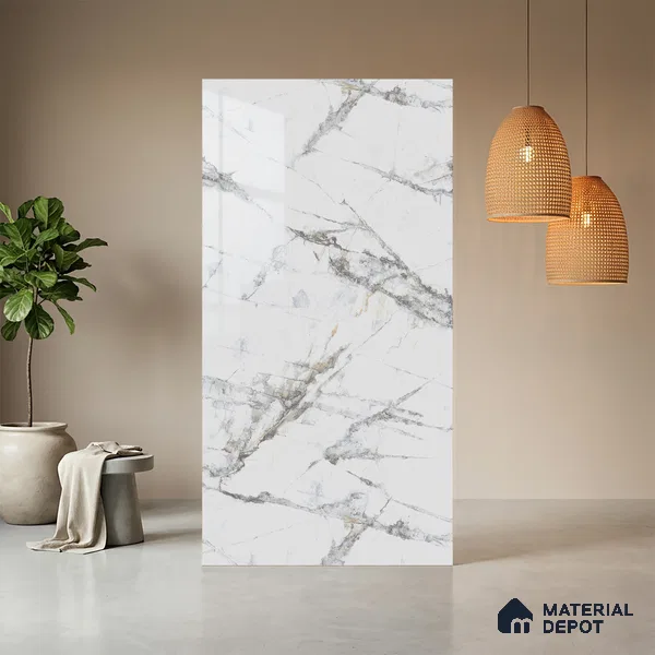 White Marble Look LM 03866 8 ft x 4 ft High Gloss Finish Decorative Laminate - 1 mm | Suitable for TV Unit, Wardrobe, Kitchen Cabinets