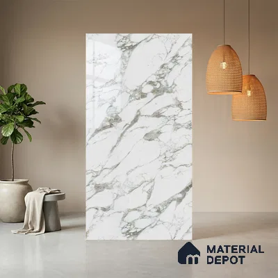 White Marble Look LM 03887 8 ft x 4 ft High Gloss Finish Decorative Laminate - 1 mm | Suitable for TV Unit, Wardrobe, Kitchen Cabinets