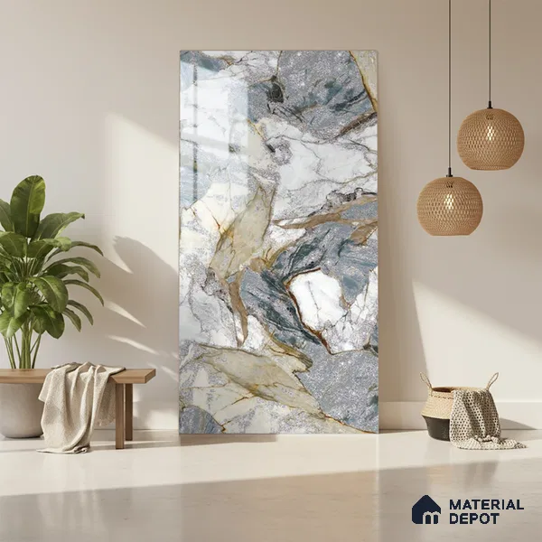 Grey Marble Look LM 20111 8 ft x 4 ft Glossy Finish Decorative Laminate - 1 mm | Suitable for TV Unit, Wardrobe, Kitchen Cabinets