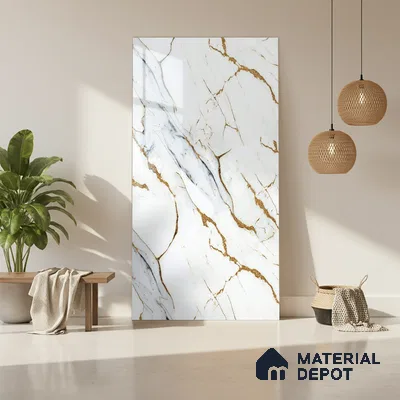 White Marble Look LM 20113 8 ft x 4 ft Glossy Finish Decorative Laminate - 1 mm | Suitable for TV Unit, Wardrobe, Kitchen Cabinets