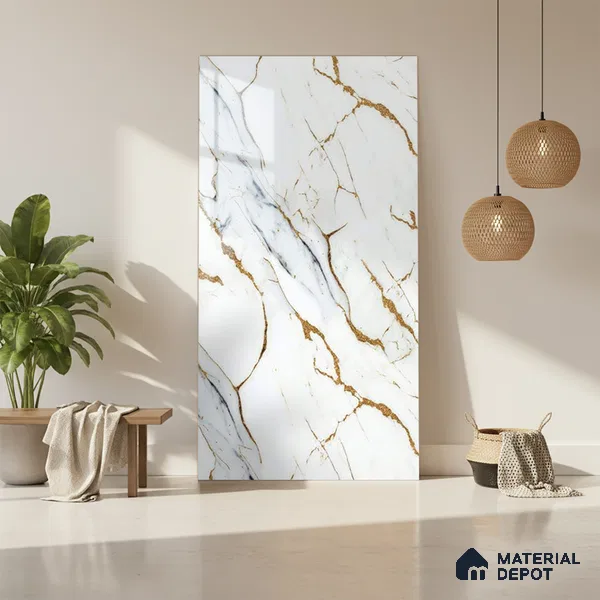 White Marble Look LM 20113 8 ft x 4 ft Glossy Finish Decorative Laminate - 1 mm | Suitable for TV Unit, Wardrobe, Kitchen Cabinets