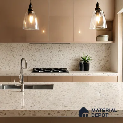 Belina Quartz QR 00162 Sienna Terrazzo Value Series 10.5 ft x 5.25 ft Quartz - 20 mm | 5 Years Warranty | Suitable for Kitchen, Restaurant, Counter Tops, Dining, Reception, office