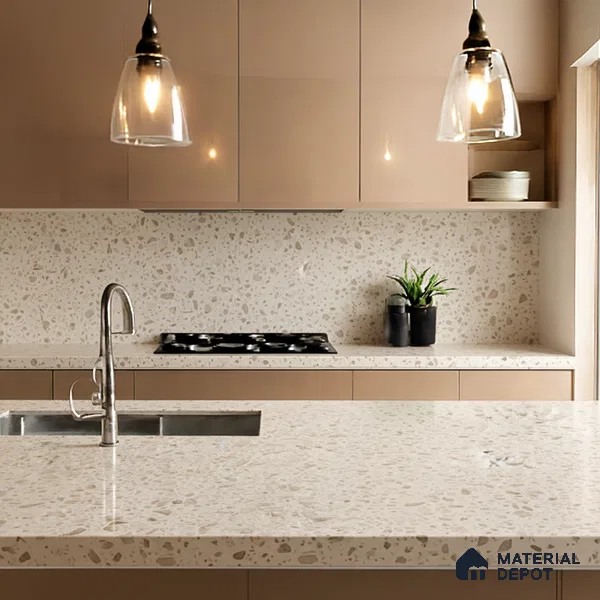 Belina Quartz QR 00162 Sienna Terrazzo Value Series 10.5 ft x 5.25 ft Quartz - 20 mm | 5 Years Warranty | Suitable for Kitchen, Restaurant, Counter Tops, Dining, Reception, office