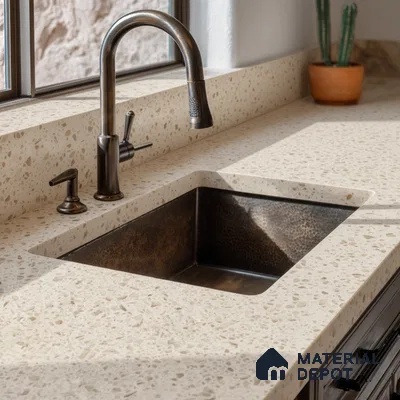 Belina Quartz QR 00162 Sienna Terrazzo Value Series 10.5 ft x 5.25 ft Quartz - 20 mm | 5 Years Warranty | Suitable for Kitchen, Restaurant, Counter Tops, Dining, Reception, office