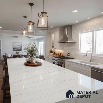Belina Quartz QR 00027 Silver Drift Regalia Series 11.42 ft x 6.58 ft Quartz - 20 mm | 10 Years Warranty | Suitable for Kitchen, Restaurant, Counter Tops, Dining, Reception, office