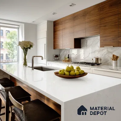 Belina Quartz QR 00096 Clouded Carrara Regalia Series 11.42 ft x 6.58 ft Quartz - 20 mm | 10 Years Warranty | Suitable for Kitchen, Restaurant, Counter Tops, Dining, Reception, office