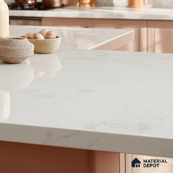 Belina Quartz QR 00095 Carrara Mist Regalia Series 11.42 ft x 6.58 ft Quartz - 20 mm | 10 Years Warranty | Suitable for Kitchen, Restaurant, Counter Tops, Dining, Reception, office