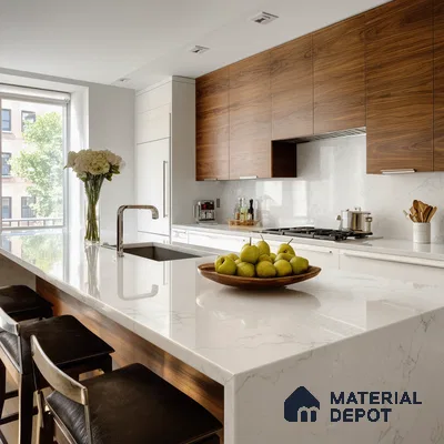 Belina Quartz QR 00095 Carrara Mist Regalia Series 11.42 ft x 6.58 ft Quartz - 20 mm | 10 Years Warranty | Suitable for Kitchen, Restaurant, Counter Tops, Dining, Reception, office