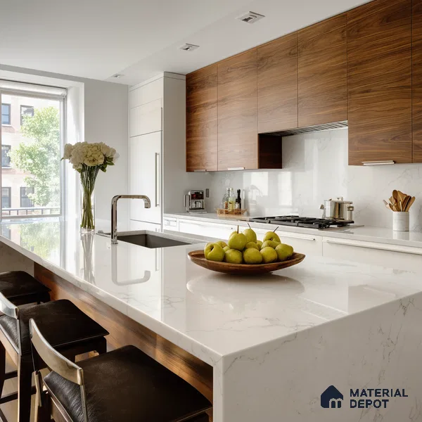 Belina Quartz QR 00095 Carrara Mist Regalia Series 11.42 ft x 6.58 ft Quartz - 20 mm | 10 Years Warranty | Suitable for Kitchen, Restaurant, Counter Tops, Dining, Reception, office