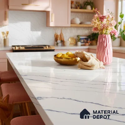 Belina Quartz QR 00032 Arctic Veil Regalia Series 11.42 ft x 6.58 ft Quartz - 20 mm | 10 Years Warranty | Suitable for Kitchen, Restaurant, Counter Tops, Dining, Reception, office