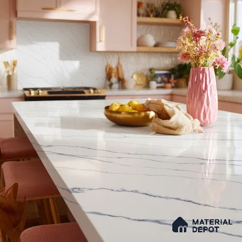 Belina Quartz QR 00032 Arctic Veil Regalia Series 11.42 ft x 6.58 ft Quartz - 20 mm | 10 Years Warranty | Suitable for Kitchen, Restaurant, Counter Tops, Dining, Reception, office