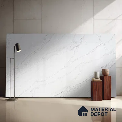 Belina Quartz QR 00038 Ivory Cascade Regalia Series 11.42 ft x 6.58 ft Quartz - 20 mm | 10 Years Warranty | Suitable for Kitchen, Restaurant, Counter Tops, Dining, Reception, office