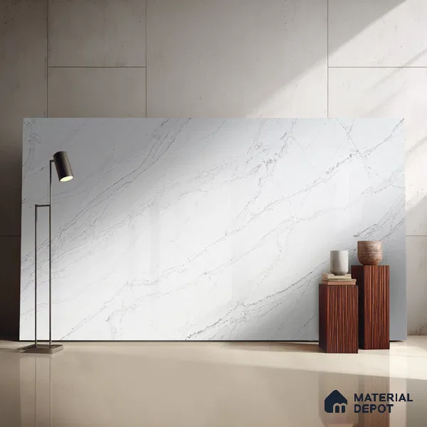 Belina Quartz QR 00038 Ivory Cascade Regalia Series 11.42 ft x 6.58 ft Quartz - 20 mm | 10 Years Warranty | Suitable for Kitchen, Restaurant, Counter Tops, Dining, Reception, office