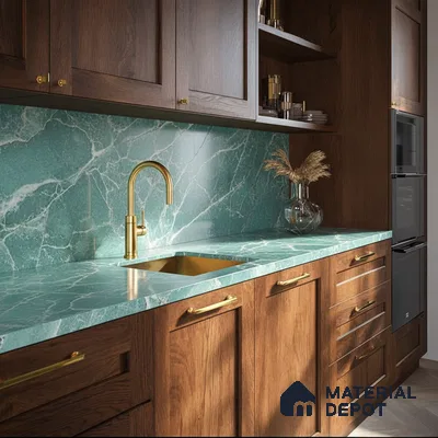 Belina Quartz QR 00040 Verdant Cascade Regalia Series 11.42 ft x 6.58 ft Quartz - 20 mm | 10 Years Warranty | Suitable for Kitchen, Restaurant, Counter Tops, Dining, Reception, office