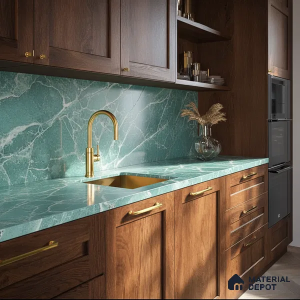 Belina Quartz QR 00040 Verdant Cascade Regalia Series 11.42 ft x 6.58 ft Quartz - 20 mm | 10 Years Warranty | Suitable for Kitchen, Restaurant, Counter Tops, Dining, Reception, office