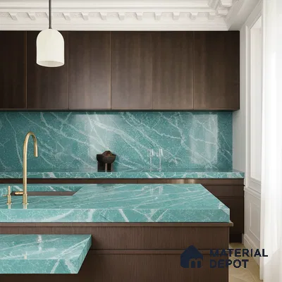 Belina Quartz QR 00040 Verdant Cascade Regalia Series 11.42 ft x 6.58 ft Quartz - 20 mm | 10 Years Warranty | Suitable for Kitchen, Restaurant, Counter Tops, Dining, Reception, office