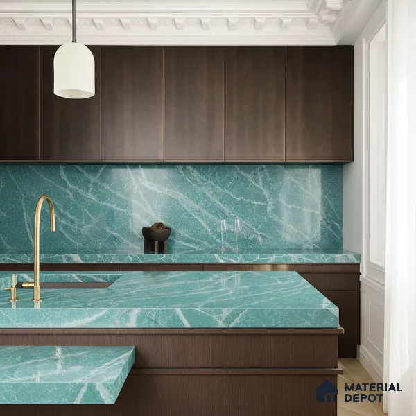 Belina Quartz QR 00040 Verdant Cascade Regalia Series 11.42 ft x 6.58 ft Quartz - 20 mm | 10 Years Warranty | Suitable for Kitchen, Restaurant, Counter Tops, Dining, Reception, office
