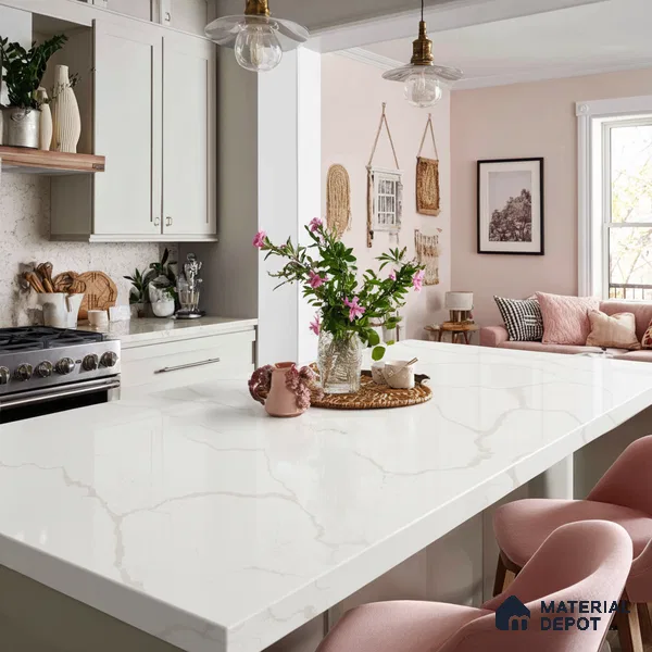 Belina Quartz QR 00295 Calacatta Rustic Umber Helsinki Series 10.5 ft x 5.35 ft Quartz - 20 mm | 10 Years and Replacement Warranty | Suitable for Kitchen, Restaurant, Counter Tops, Dining, Reception, office