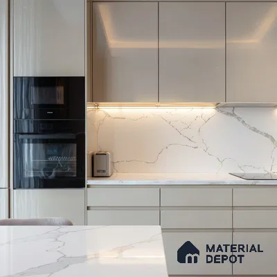 Belina Quartz QR 00294 Calacatta White Crystal Helsinki Series 10.5 ft x 5.35 ft Quartz - 20 mm | 10 Years and Replacement Warranty | Suitable for Kitchen, Restaurant, Counter Tops, Dining, Reception, office