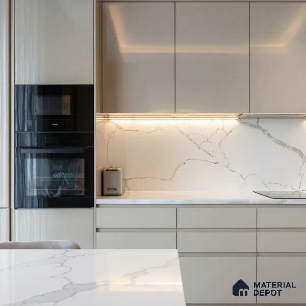 Belina Quartz QR 00294 Calacatta White Crystal Helsinki Series 10.5 ft x 5.35 ft Quartz - 20 mm | 10 Years and Replacement Warranty | Suitable for Kitchen, Restaurant, Counter Tops, Dining, Reception, office