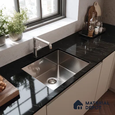 Belina Quartz QR 00292 Calacatta Black Modena Helsinki Series 10.5 ft x 5.35 ft Quartz - 20 mm | 10 Years and Replacement Warranty | Suitable for Kitchen, Restaurant, Counter Tops, Dining, Reception, office