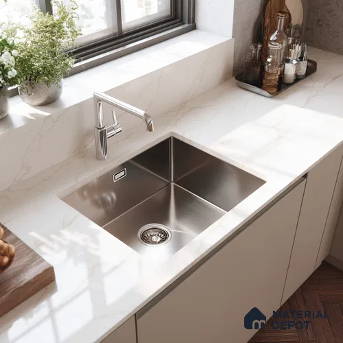 Belina Quartz QR 00287 B Calacatta Solaro Gold Helsinki Series 10.5 ft x 2.67 ft Quartz - 20 mm | 10 Years and Replacement Warranty | Suitable for Kitchen, Restaurant, Counter Tops, Dining, Reception, office