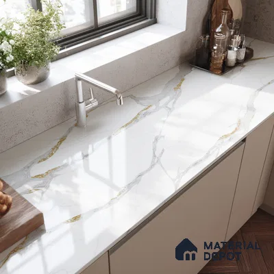 Belina Quartz QR 00283 Calacatta Luminara Helsinki Series 10.5 ft x 5.35 ft Quartz - 20 mm | 10 Years and Replacement Warranty | Suitable for Kitchen, Restaurant, Counter Tops, Dining, Reception, office