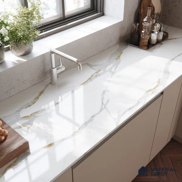 Belina Quartz QR 00283 Calacatta Luminara Helsinki Series 10.5 ft x 5.35 ft Quartz - 20 mm | 10 Years and Replacement Warranty | Suitable for Kitchen, Restaurant, Counter Tops, Dining, Reception, office