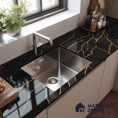 Belina Quartz QR 00291 Calacatta Golden Satwario Helsinki Series 10.5 ft x 5.35 ft Quartz - 20 mm | 10 Years and Replacement Warranty | Suitable for Kitchen, Restaurant, Counter Tops, Dining, Reception, office