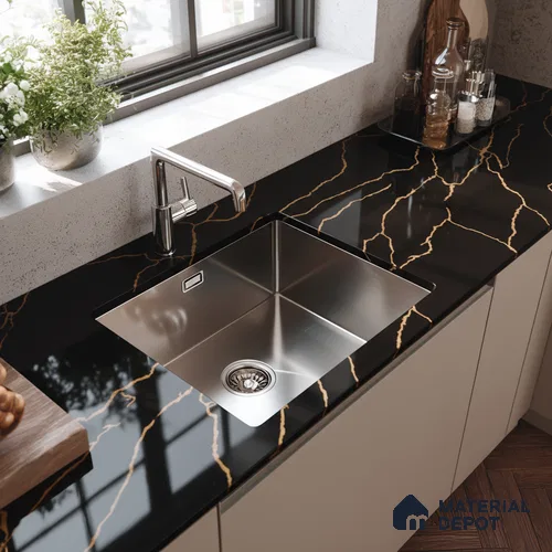 Belina Quartz QR 00291 Calacatta Golden Satwario Helsinki Series 10.5 ft x 5.35 ft Quartz - 20 mm | 10 Years and Replacement Warranty | Suitable for Kitchen, Restaurant, Counter Tops, Dining, Reception, office