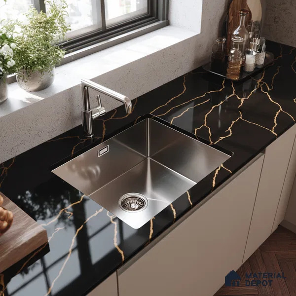 Belina Quartz QR 00291 Calacatta Golden Satwario Helsinki Series 10.5 ft x 5.35 ft Quartz - 20 mm | 10 Years and Replacement Warranty | Suitable for Kitchen, Restaurant, Counter Tops, Dining, Reception, office