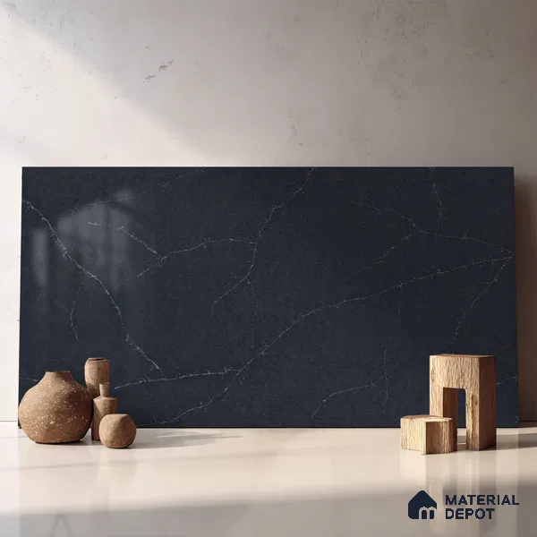 Belina Quartz QR 00044 Obsidian Veil Regalia Series 11.42 ft x 6.58 ft Quartz - 20 mm | 10 Years Warranty | Suitable for Kitchen, Restaurant, Counter Tops, Dining, Reception, office