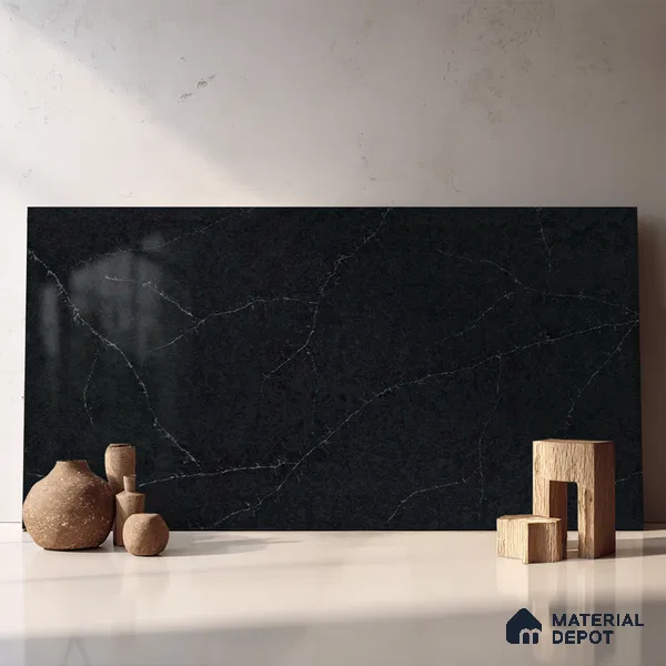 Belina Quartz QR 00043 Obsidian Veil Regalia Series 11.42 ft x 6.58 ft Quartz - 20 mm | 10 Years Warranty | Suitable for Kitchen, Restaurant, Counter Tops, Dining, Reception, office