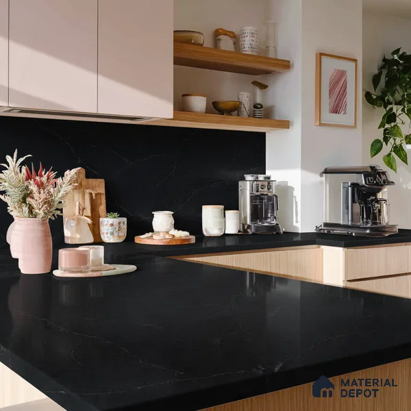 Belina Quartz QR 00043 Obsidian Veil Regalia Series 11.42 ft x 6.58 ft Quartz - 20 mm | 10 Years Warranty | Suitable for Kitchen, Restaurant, Counter Tops, Dining, Reception, office