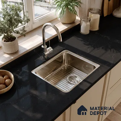 Belina Quartz QR 00043 Obsidian Veil Regalia Series 11.42 ft x 6.58 ft Quartz - 20 mm | 10 Years Warranty | Suitable for Kitchen, Restaurant, Counter Tops, Dining, Reception, office