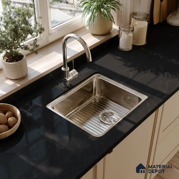 Belina Quartz QR 00043 Obsidian Veil Regalia Series 11.42 ft x 6.58 ft Quartz - 20 mm | 10 Years Warranty | Suitable for Kitchen, Restaurant, Counter Tops, Dining, Reception, office