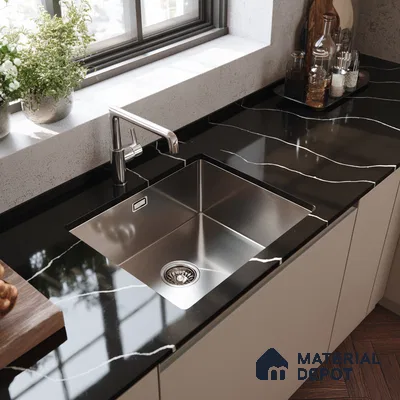 Belina Quartz QR 00243 Noir Cascade Helsinki Series 11.5 ft x 6.5 ft Quartz - 20 mm | 10 Years of Replacement Warranty | Suitable for Kitchen, Restaurant, Counter Tops, Dining, Reception, office