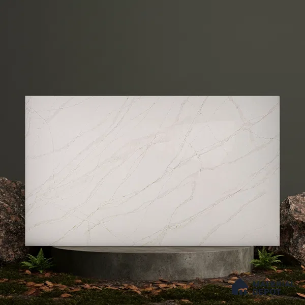 Belina Quartz QR 00093 Ivory Cascade Regalia Series 11.42 ft x 6.58 ft Quartz - 20 mm | 10 Years Warranty | Suitable for Kitchen, Restaurant, Counter Tops, Dining, Reception, office