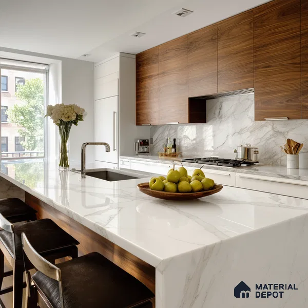 Belina Quartz QR 00093 Ivory Cascade Regalia Series 11.42 ft x 6.58 ft Quartz - 20 mm | 10 Years Warranty | Suitable for Kitchen, Restaurant, Counter Tops, Dining, Reception, office
