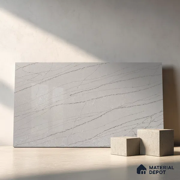 Belina Quartz QR 00004 B Serene Calacatta Viola Series 10.76 ft x 2.72 ft Quartz - 20 mm | 7 Years Warranty | Suitable for Kitchen, Restaurant, Counter Tops, Dining, Reception, office