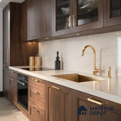 Belina Quartz QR 00004 B Serene Calacatta Viola Series 10.76 ft x 2.72 ft Quartz - 20 mm | 7 Years Warranty | Suitable for Kitchen, Restaurant, Counter Tops, Dining, Reception, office