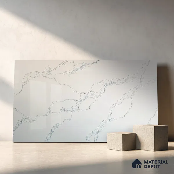 Belina Quartz QR 00079 C Calacatta Cobalt Vein Viola Series 10.75 ft x 2.71 ft Quartz - 20 mm | 7 Years Warranty | Suitable for Kitchen, Restaurant, Counter Tops, Dining, Reception, office