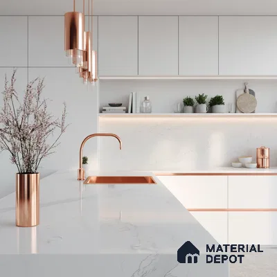 Modern kitchen with sage green and white high gloss laminate, quartz countertop, and geometric beige backsplash tile