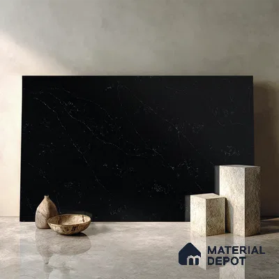 Belina Quartz QR 00007 Calacatta Noir Viola Series 10.75 ft x 5.42 ft Quartz - 20 mm | 7 Years Warranty | Suitable for Kitchen, Restaurant, Counter Tops, Dining, Reception, office