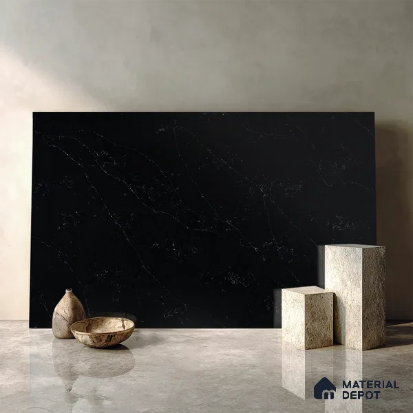 Belina Quartz QR 00007 Calacatta Noir Viola Series 10.75 ft x 5.42 ft Quartz - 20 mm | 7 Years Warranty | Suitable for Kitchen, Restaurant, Counter Tops, Dining, Reception, office