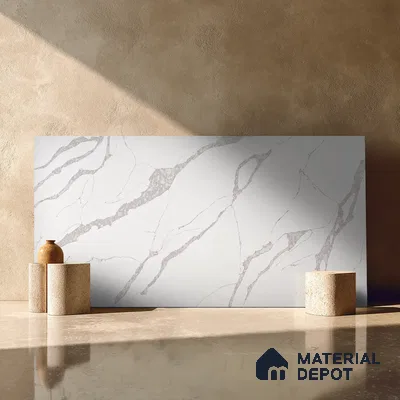 Belina Quartz QR 00092 Calacatta Lugano Vein Viola Series 10.75 ft x 5.42 ft Quartz - 20 mm | 7 Years Warranty | Suitable for Kitchen, Restaurant, Counter Tops, Dining, Reception, office
