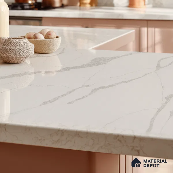 Belina Quartz QR 00092 Calacatta Lugano Vein Viola Series 10.75 ft x 5.42 ft Quartz - 20 mm | 7 Years Warranty | Suitable for Kitchen, Restaurant, Counter Tops, Dining, Reception, office