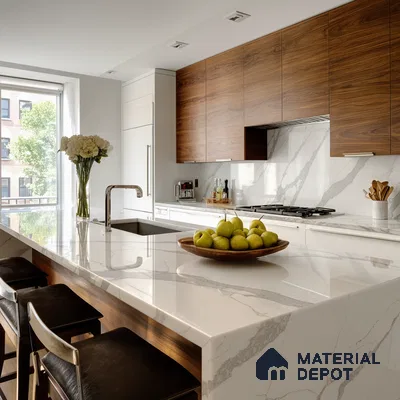 Belina Quartz QR 00092 Calacatta Lugano Vein Viola Series 10.75 ft x 5.42 ft Quartz - 20 mm | 7 Years Warranty | Suitable for Kitchen, Restaurant, Counter Tops, Dining, Reception, office