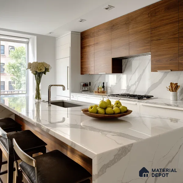 Belina Quartz QR 00092 Calacatta Lugano Vein Viola Series 10.75 ft x 5.42 ft Quartz - 20 mm | 7 Years Warranty | Suitable for Kitchen, Restaurant, Counter Tops, Dining, Reception, office